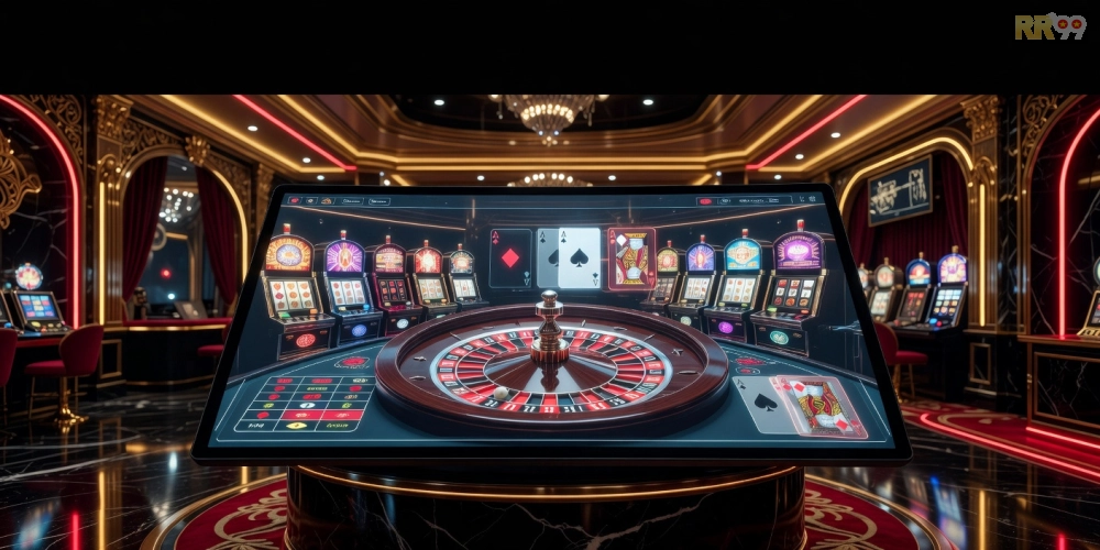Minh họa khái niệm top casino rr99 với giao diện sòng bạc hiện đại và các trò chơi hấp dẫn