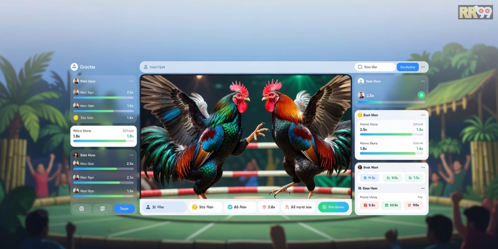Minh họa giao diện nền tảng đá gà online rr99 với các trận đấu trực tiếp