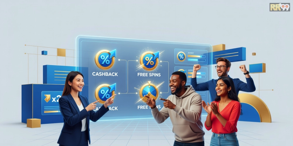 Hình minh họa khái niệm chương trình khuyến mãi RR99 với các biểu tượng bonus hấp dẫn.