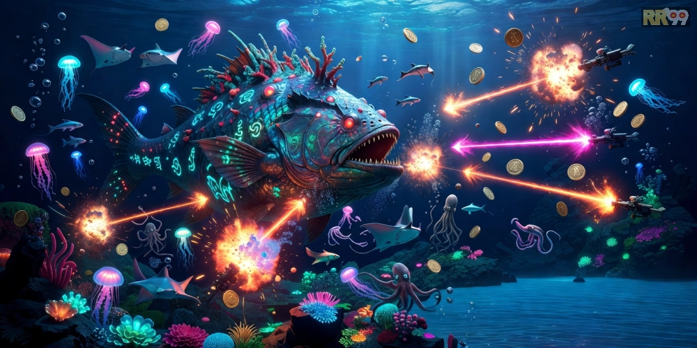 Minh họa gameplay Hải Vương Bắn Cá RR99 với cá boss khổng lồ và hiệu ứng bắn súng đỉnh cao