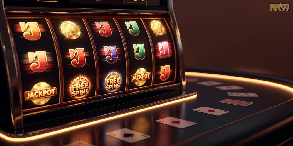 Minh họa slot game với các biểu tượng khuyến mãi hấp dẫn từ RR99