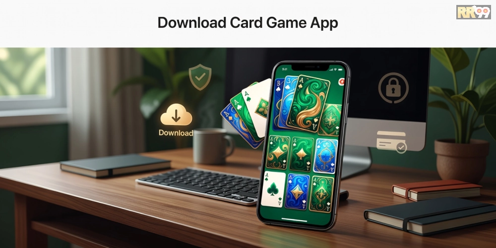 Minh họa khái niệm tải game bài RR99 với giao diện ứng dụng hiện đại và các trò chơi phổ biến