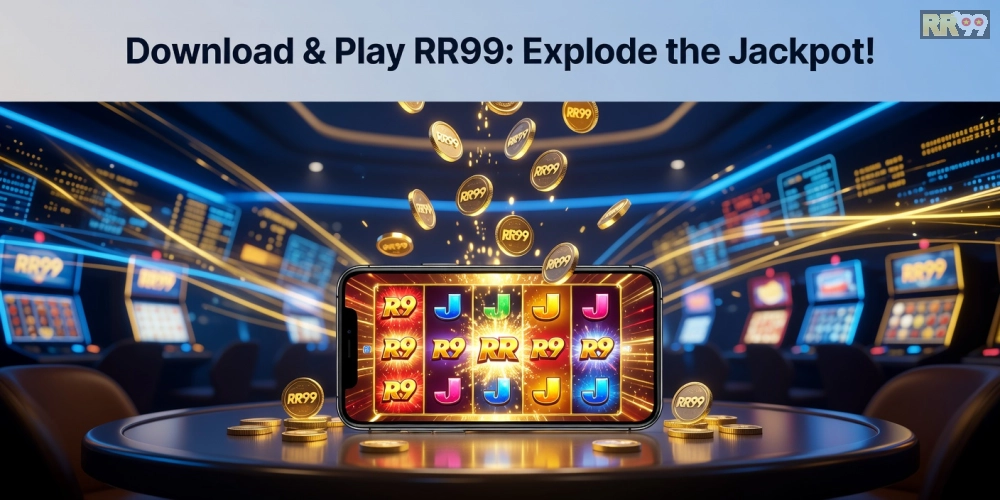 Minh họa khái niệm tải game nổ hũ rr99 với giao diện slot hiện đại và jackpot hấp dẫn