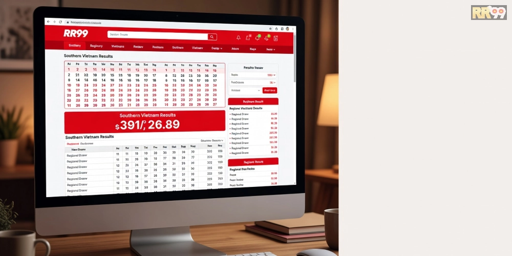 Caption minh họa trang web RR99 hiển thị kết quả xổ số miền Nam với biểu đồ thống kê và giao diện người dùng chuyên nghiệp